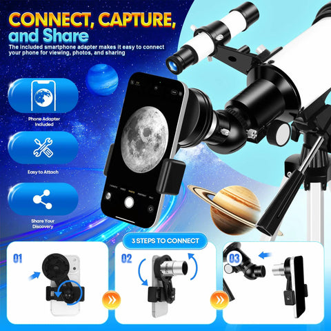 70mm Astronomical Telescope For Kids And Beginners With Space Puzzles Easy Setup And Fully Multi Coated Optics For Bright Clear Views Durable Tripod And Kid Friendly Fun Night Sky Exploration Starter Kit For Family Stargazing. Telescope with phone adapter attached