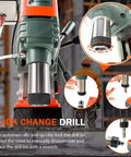 Front view of iMeshbean magnetic drill press, green body with orange top and metal chuck