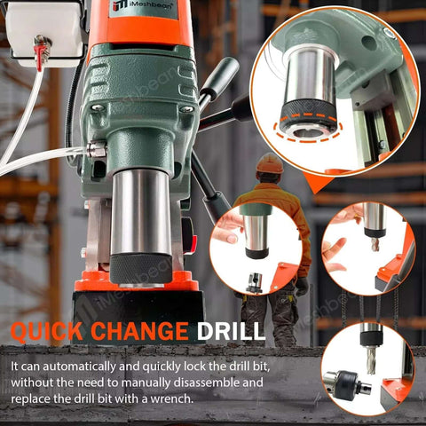 Front view of iMeshbean magnetic drill press, green body with orange top and metal chuck