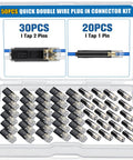50 Piece Double Wire Plug In Connector Kit with 1 Pin and 2 Pin Quick Disconnect Locking Buckles in open plastic case