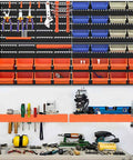 52 Piece Wall Mounted Storage Bins System With Peg Boards And Tool Trays displaying organized tools and supplies