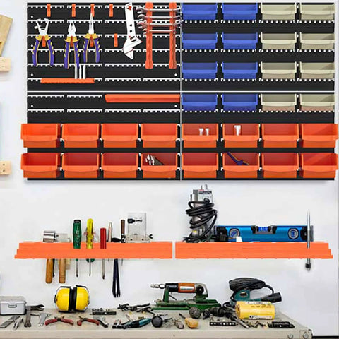 52 Piece Wall Mounted Storage Bins System With Peg Boards And Tool Trays displaying organized tools and supplies