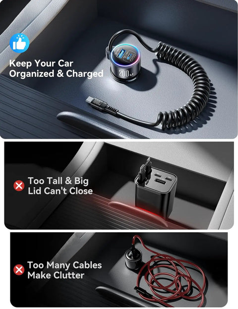 Heavy Duty 200W Car Charger With Usb C Fast Charge And Compact Gan Power Featuring Pd 100W Dual Output in vehicle center console, showcasing ergonomic design.