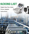 Half Inch NPT Portable Digital Thermal Mass Flow Meter with power adapter and instructions, displayed in industrial setting