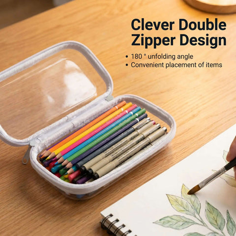 Tough As Nails Clear Hard Shell Zipper Pouches, 4 Pack Crush Proof Organizers For Diaper Bags And Totes with colored pencils inside