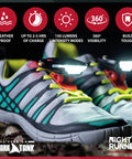 High Visibility LED Shoe Lights For Night Running And Trails Hands Free Rechargeable Waterproof Foot Lights attached to shoes.