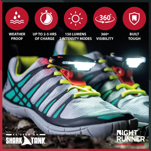 High Visibility LED Shoe Lights For Night Running And Trails Hands Free Rechargeable Waterproof Foot Lights attached to shoes.