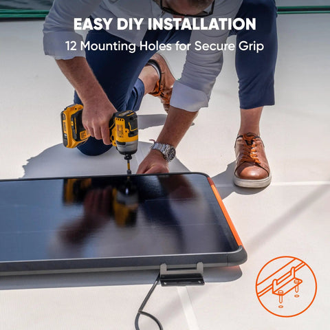 Man drilling SolarSaga 100 Prime Bifacial DIY Solar Panel 100W Portable Solar Charger for secure van or RV installation.