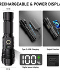 Beast Bright Rechargeable Flashlight With 100,000 Lumens LED shown with power display and USB-C charging feature
