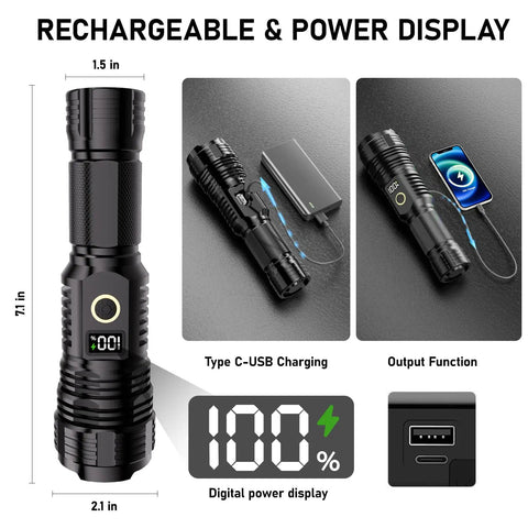 Beast Bright Rechargeable Flashlight With 100,000 Lumens LED shown with power display and USB-C charging feature