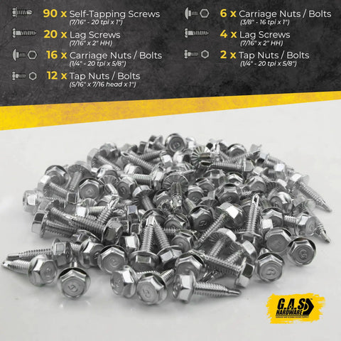 Close-up of screws and bolts from All In One Garage Door Parts Installation Kit For 16 By 7 Foot Overhead Doors Including Rollers Hinges Brackets Drums Cables Screws Jamb Bearings Bolts Heavy Duty Replacement And Repair Bundle