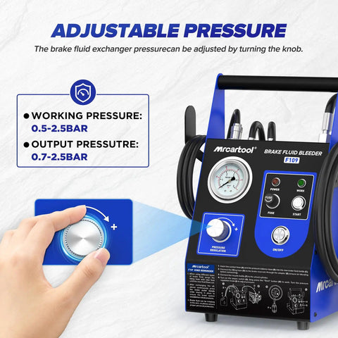 Person adjusting the pressure knob on F109 Automatic Brake Bleeder Kit With Electric Brake Fluid Exchanger 0.7 To 2.5 Bar
