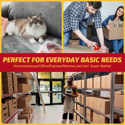 Heavy Duty Packing Tape For Moving And Packaging, Clear 65 Yard Rolls With Built In Dispenser And Utility Knife in use.