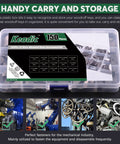 Front view of Keadic 150-piece woodruff key assortment kit in a clear plastic storage box, carbon steel keys