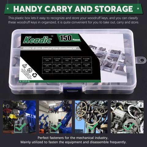 Front view of Keadic 150-piece woodruff key assortment kit in a clear plastic storage box, carbon steel keys