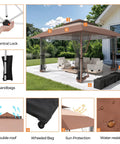 13x13 Pop Up Gazebo Outdoor Canopy Shelter With Four Sandbags No Fuss Quick Setup Sun Shade Canopy Double Tier Mesh Netting Waterproof UV Block Oxford Cloth Mosquito Guard For Lawn Garden Backyard And Deck Coffee showcasing setup features and accessories