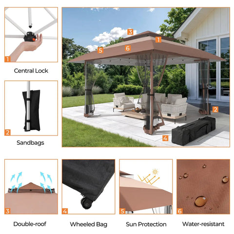 13x13 Pop Up Gazebo Outdoor Canopy Shelter With Four Sandbags No Fuss Quick Setup Sun Shade Canopy Double Tier Mesh Netting Waterproof UV Block Oxford Cloth Mosquito Guard For Lawn Garden Backyard And Deck Coffee showcasing setup features and accessories