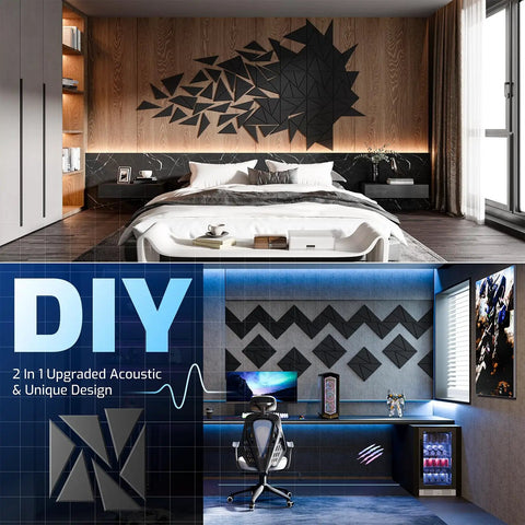 22 Pack Heavy Duty Self Adhesive Acoustic Panels For Walls Studio Grade Sound Proof Foam Absorbers used in a stylish bedroom and office setup.
