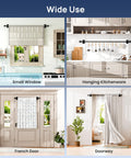 No Drill Curtain Rod For Windows 27 To 52 Inches Adjustable With Five Eighth Inch Diameter Renters Favorite Drapery Rod and Adhesive Brackets displayed in small window, kitchenware hanging, French door, and doorway setups.