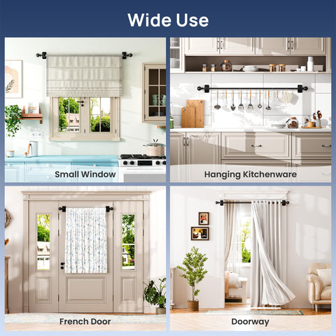 No Drill Curtain Rod For Windows 27 To 52 Inches Adjustable With Five Eighth Inch Diameter Renters Favorite Drapery Rod and Adhesive Brackets displayed in small window, kitchenware hanging, French door, and doorway setups.