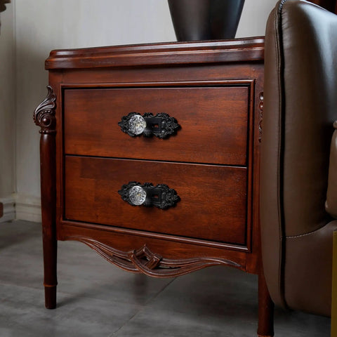 Wooden nightstand featuring the Two Piece Vintage Cabinet Pull Drawer Knob Set With Clear Resin Knob Distressed Pewter Finish Old School Retro Appeal For Cupboard Kitchen Furniture Mounting Screws Included Black.