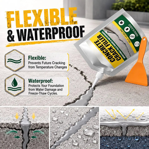 No Mess Waterproof Concrete Crack Filler And Sealant With Self Leveling Formula For Driveways Sidewalks And Patios shown being applied to a crack in concrete.