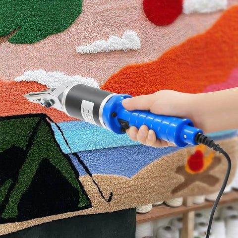 Top Shelf Electric Craft Scissors Engineered For Sharp Carpet Carving And Lightning Fast Tufting Trimming in use on a colorful rug.