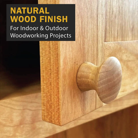 Natural wood finish on a cabinet door with a round wooden knob, showcasing 100 Percent Pure Tung Oil Wood Finish Black Straight Up Durable 128 Oz 1 Gallon Jug.