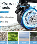Close-up of all-terrain wheel on 700lb Capacity Double Decker Collapsible Wagon With Detachable Waterproof Cover And Extended Storage Foldable Cart With 54 Inch Extended Deck Wheels For Camping Fishing Beach And Outdoor Use Heavy Duty.