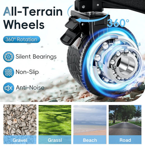Close-up of all-terrain wheel on 700lb Capacity Double Decker Collapsible Wagon With Detachable Waterproof Cover And Extended Storage Foldable Cart With 54 Inch Extended Deck Wheels For Camping Fishing Beach And Outdoor Use Heavy Duty.