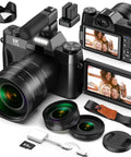 6K 64MP Digital Camera With Flip Screen And Dual Lens For Photography And Vlogging Microphone For Video 64GB Card Built In WiFi Compact Travel Kit For YouTube Beginners showing accessories and functional features