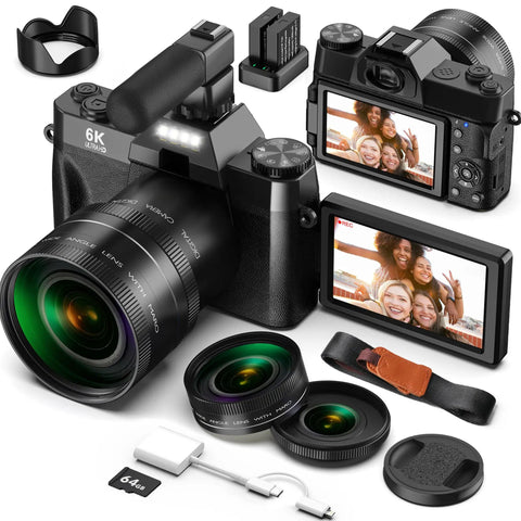 6K 64MP Digital Camera With Flip Screen And Dual Lens For Photography And Vlogging Microphone For Video 64GB Card Built In WiFi Compact Travel Kit For YouTube Beginners showing accessories and functional features