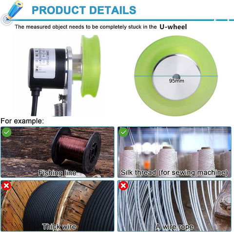 Game Changer Digital Wire Length Meter Counter Featuring Heavy Duty U Groove Wheel showing 95mm U-wheel for measuring fishing line and thread.