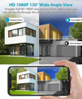 Person using a phone app showing daytime, color night, and infrared night vision views from Wireless Outdoor Security Camera With Battery Power No Fuss Setup 1080P Color Night Vision WiFi Indoor Outdoor Home Surveillance With Motion Detection Real Time Alerts Two Way Audio Cloud Or SD Storage IP65 Waterproof Built In Siren Alarm.