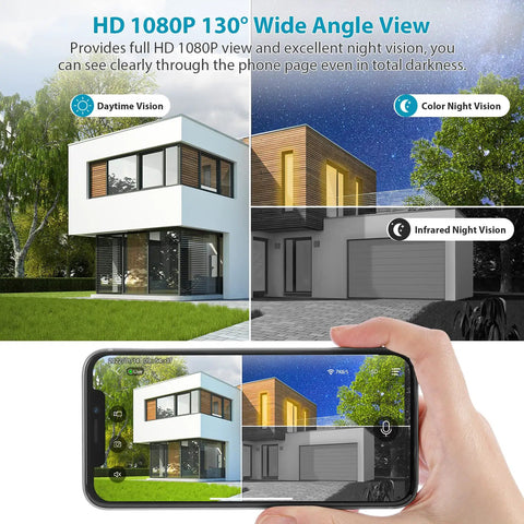 Person using a phone app showing daytime, color night, and infrared night vision views from Wireless Outdoor Security Camera With Battery Power No Fuss Setup 1080P Color Night Vision WiFi Indoor Outdoor Home Surveillance With Motion Detection Real Time Alerts Two Way Audio Cloud Or SD Storage IP65 Waterproof Built In Siren Alarm.