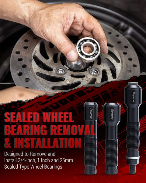 Reywoo motorcycle wheel bearing puller kit, 3-piece black steel tools shown beside a brake rotor.