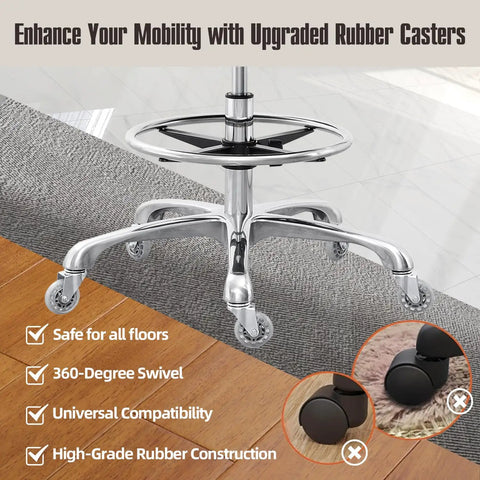 Big Cushion Drafting Chair With Backrest Rolling Stool base with smooth rolling wheels and footrest on various floor surfaces
