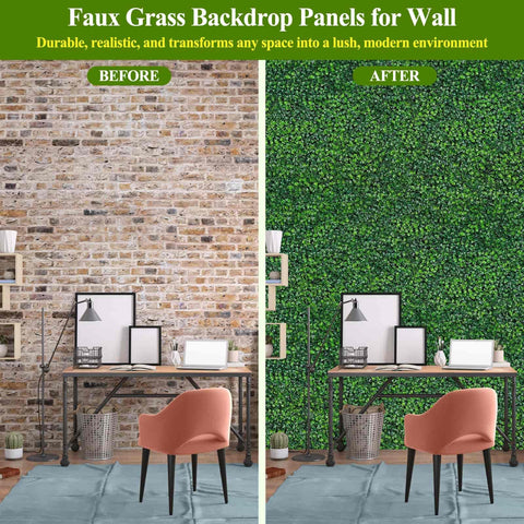 Before and after image of a wall with Sixteen 10 By 10 Inch Artificial Grass Wall Panels Pack Includes UV Resistant Boxwood Faux Greenery.