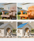 Before and after showcasing a transformed chair and doghouse using Snag This Featherweight Electric Paint Sprayer With A Quick Swap Cup And 20 Oz Capacity For Dead Simple Cabinet Fence Door And Wall Painting Jobs That Fly Off In A Snap Keeps Your Hands Fresh.