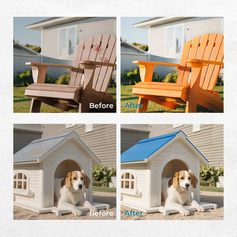 Before and after showcasing a transformed chair and doghouse using Snag This Featherweight Electric Paint Sprayer With A Quick Swap Cup And 20 Oz Capacity For Dead Simple Cabinet Fence Door And Wall Painting Jobs That Fly Off In A Snap Keeps Your Hands Fresh.