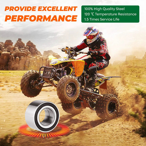 Top Shelf Front And Rear Wheel Bearing Set For Polaris Ranger And Sportsman 500 570 EV displayed with ATV in action on rough terrain.