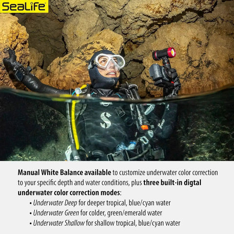 Diver using Micro 3.0 Pro 3000 Color Boost Underwater Camera and Light Set in a cave with a 3000 Lumen LED for epic photos and vids.