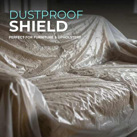 12 Pack 9x12 Foot Plastic Drop Cloths for Painting and DIY Projects covering a sofa, heavy-duty dustproof shield for furniture protection.
