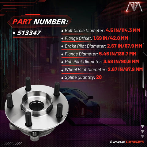 Front Left Or Right Wheel Hub Bearing Assembly For CX-5 2013-2018 And Mazda6 2014-2016 2.0L/2.5L L4 Engines Drop-In Direct Fit Replacement Bolt Right Up Durable Hub Bearing Easy Install, part number 513347, with dimensions displayed on image background