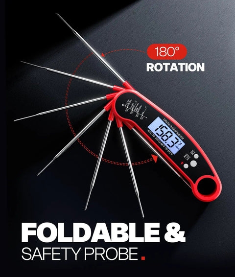 Digital Meat Thermometer With Instant Read For Grilling And BBQ Ultra Fast 2 To 3 Second Temperature Check showing foldable probe.