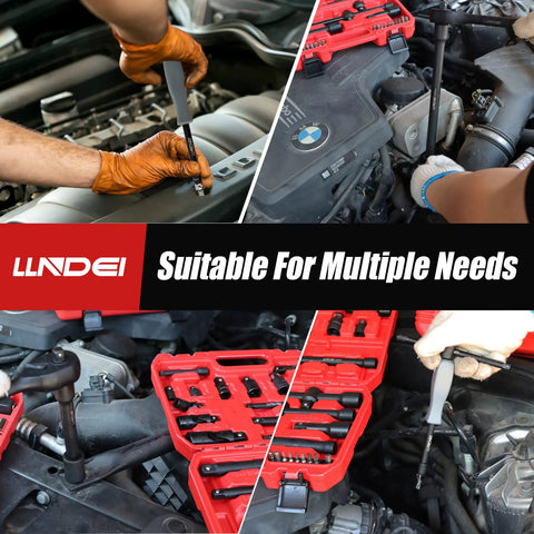 Heavy Duty Socket Set With One Quarter Inch Drive One Half Inch Drive And Three Eighths Inch Drive 43 Piece Kit in use for car repair