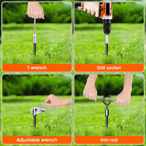 Beefy Heavy Duty Screw In Ground Anchors For Trampolines And Tents, T-wrench and drill socket installation in grass