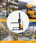 Heavy Duty Semi Electric Pallet Stacker With Straddle Legs And Adjustable Forks in a warehouse setting, ideal for truck loading and factory use.