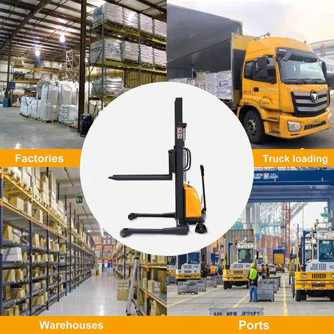 Heavy Duty Semi Electric Pallet Stacker With Straddle Legs And Adjustable Forks in a warehouse setting, ideal for truck loading and factory use.