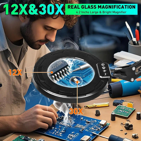 Man using Lighted Magnifying Glass With Stand And Clamp Arm, 12X 30X Real Glass Magnifier for soldering electronics on workbench